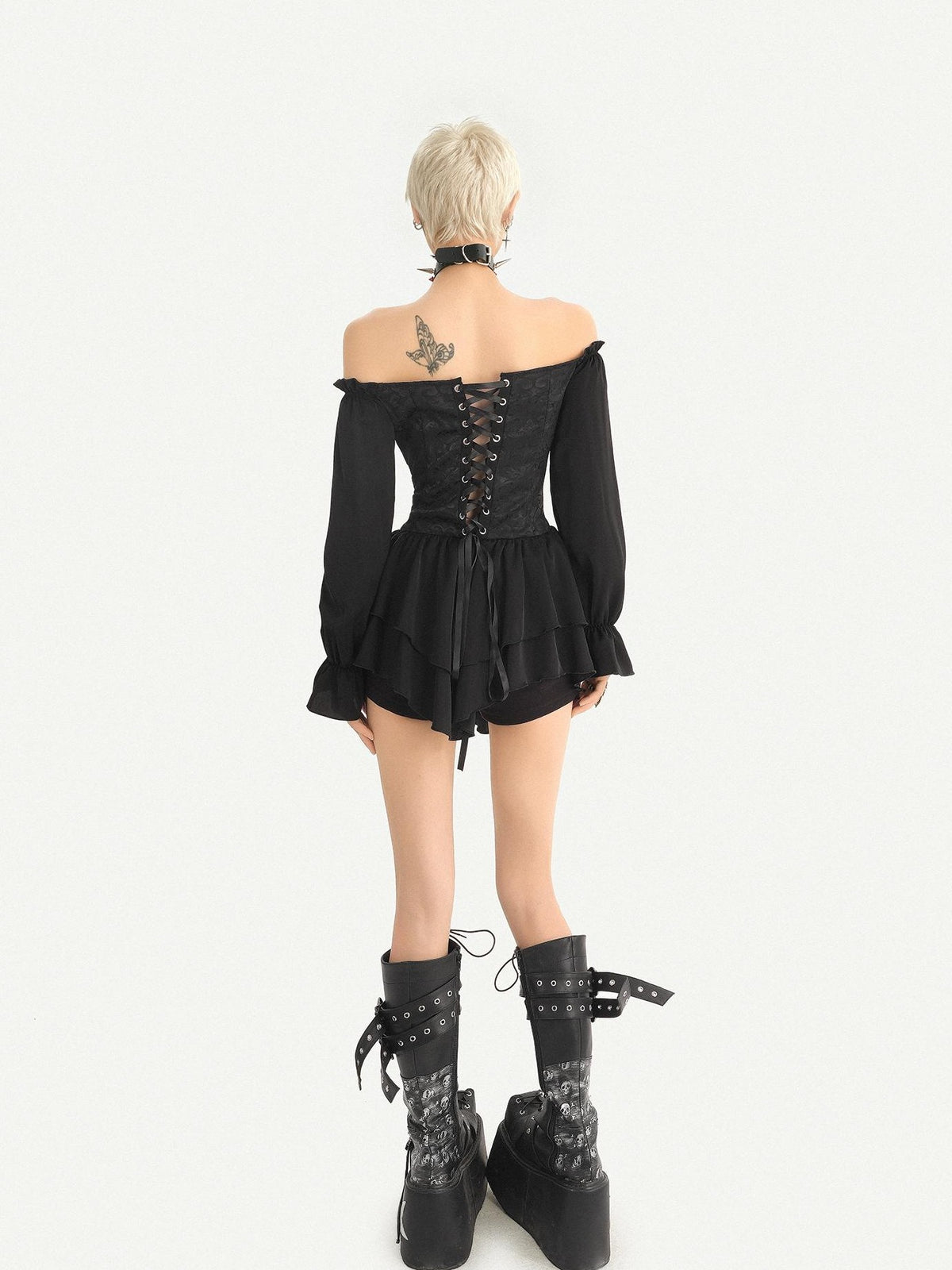 Nico Molly Gothic Ruffle Lantern Sleeve Off Shoulder Waist Cinch Women&