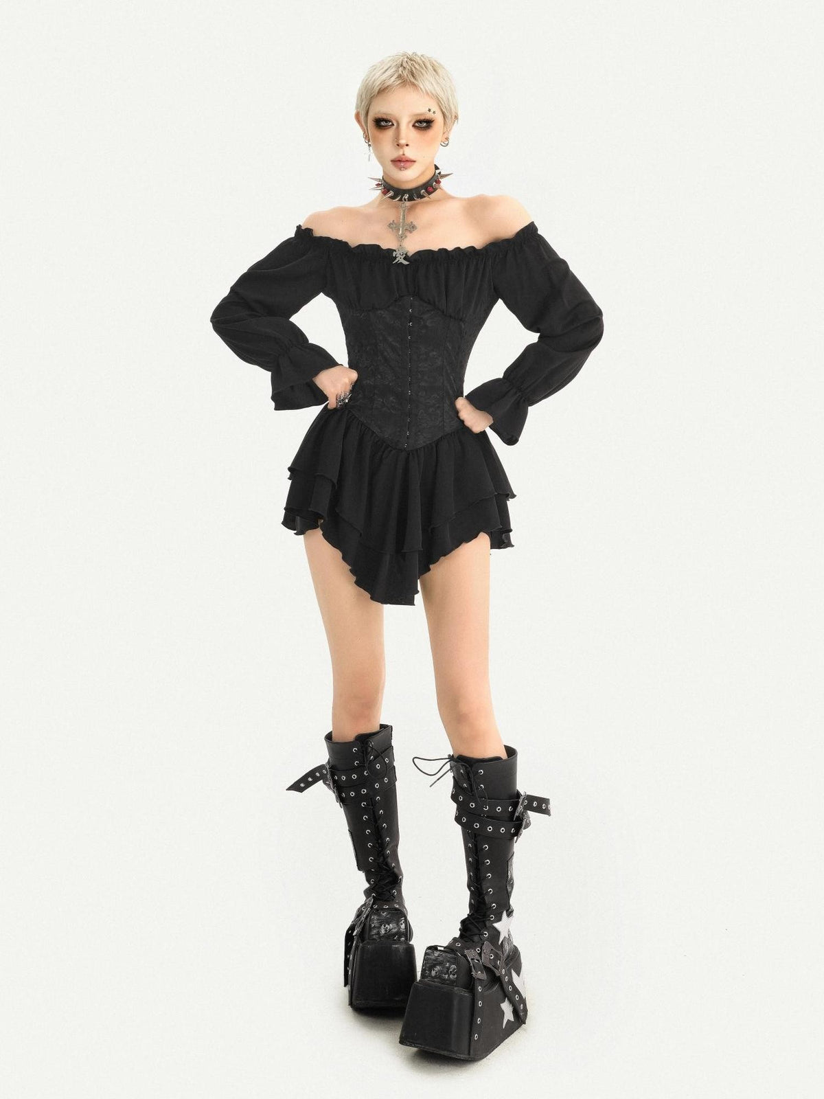 Nico Molly Gothic Ruffle Lantern Sleeve Off Shoulder Waist Cinch Women&
