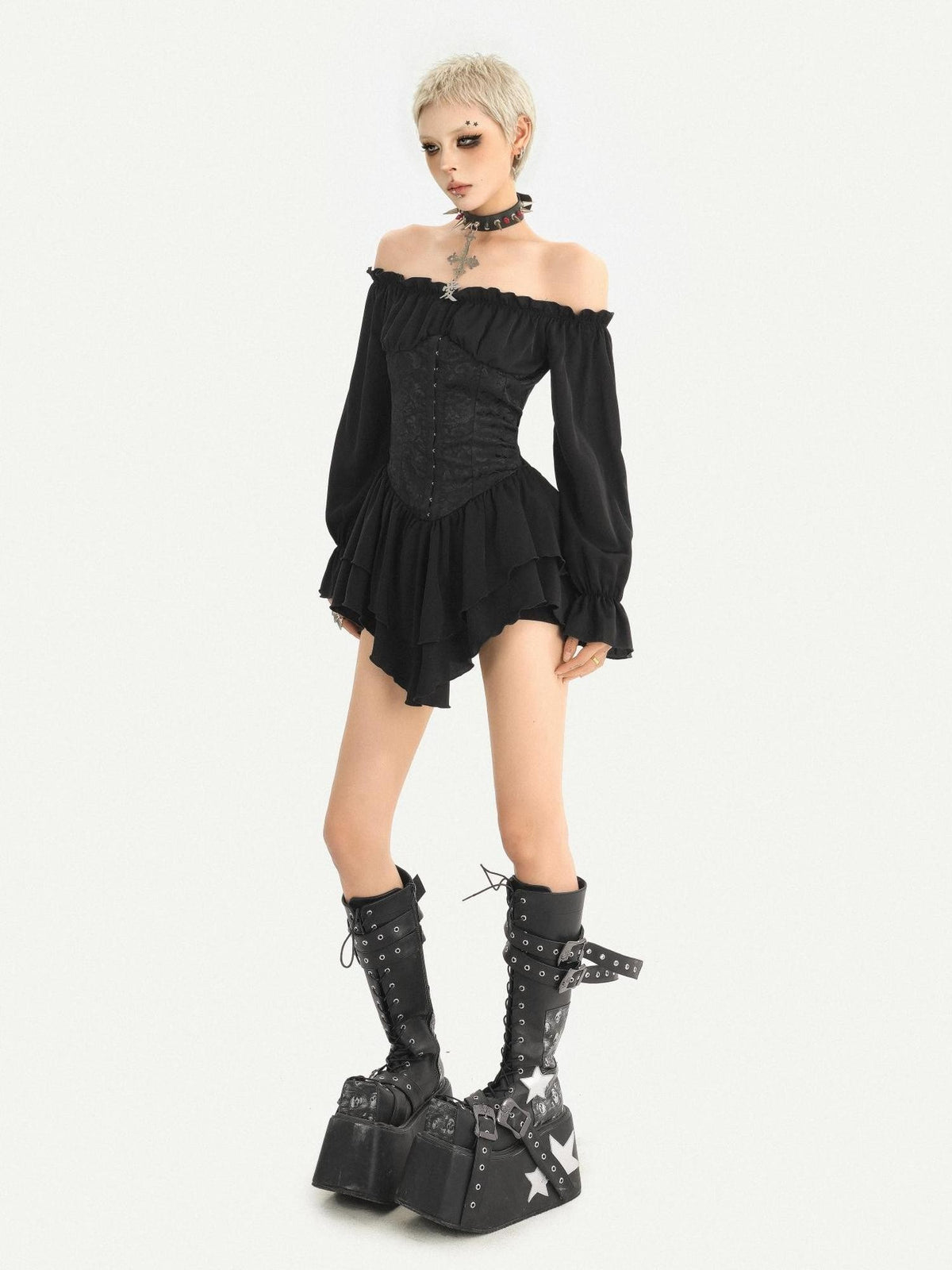 Nico Molly Gothic Ruffle Lantern Sleeve Off Shoulder Waist Cinch Women&