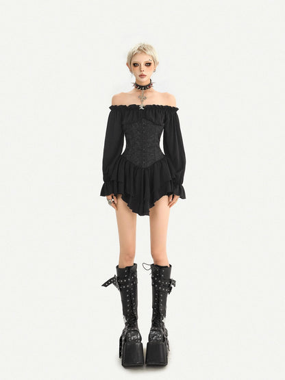 Nico Molly Gothic Ruffle Lantern Sleeve Off Shoulder Waist Cinch Women&