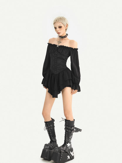 Nico Molly Gothic Ruffle Lantern Sleeve Off Shoulder Waist Cinch Women&