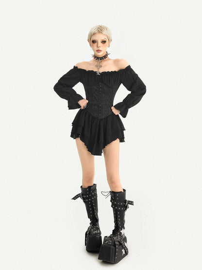 Nico Molly Gothic Ruffle Lantern Sleeve Off Shoulder Waist Cinch Women&