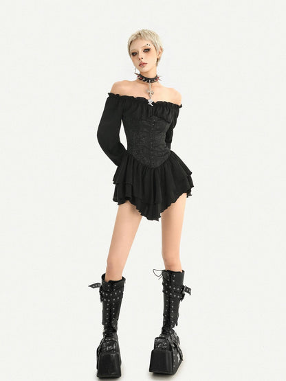 Nico Molly Gothic Ruffle Lantern Sleeve Off Shoulder Waist Cinch Women&