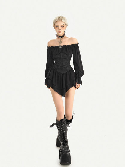 Nico Molly Gothic Ruffle Lantern Sleeve Off Shoulder Waist Cinch Women&