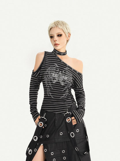 Nico Molly Gothic Stripe Wing Print Asymmetric Off Shoulder Women&
