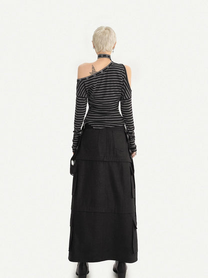 Nico Molly Gothic Stripe Wing Print Asymmetric Off Shoulder Women&