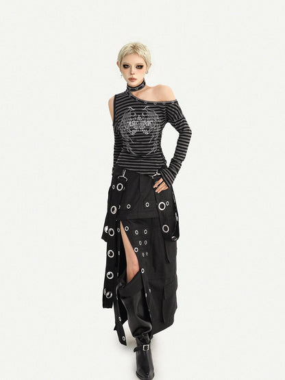 Nico Molly Gothic Stripe Wing Print Asymmetric Off Shoulder Women&