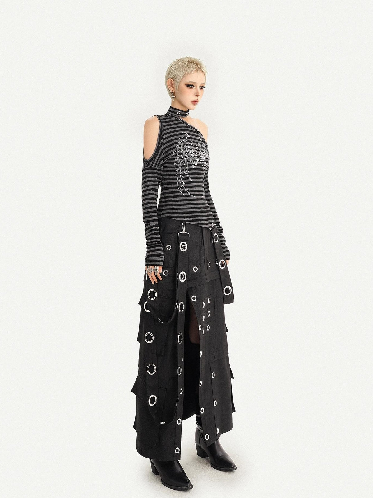 Nico Molly Gothic Stripe Wing Print Asymmetric Off Shoulder Women&