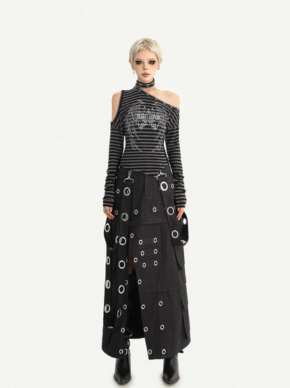 Nico Molly Gothic Stripe Wing Print Asymmetric Off Shoulder Women&