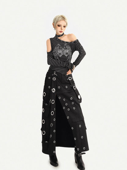 Nico Molly Gothic Stripe Wing Print Asymmetric Off Shoulder Women&
