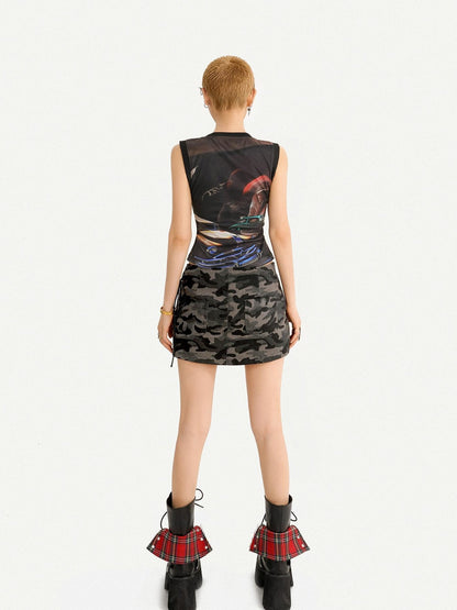 Nico Molly Graffiti Letter Print Rocker Short Slim Cropped Round Neck Women&