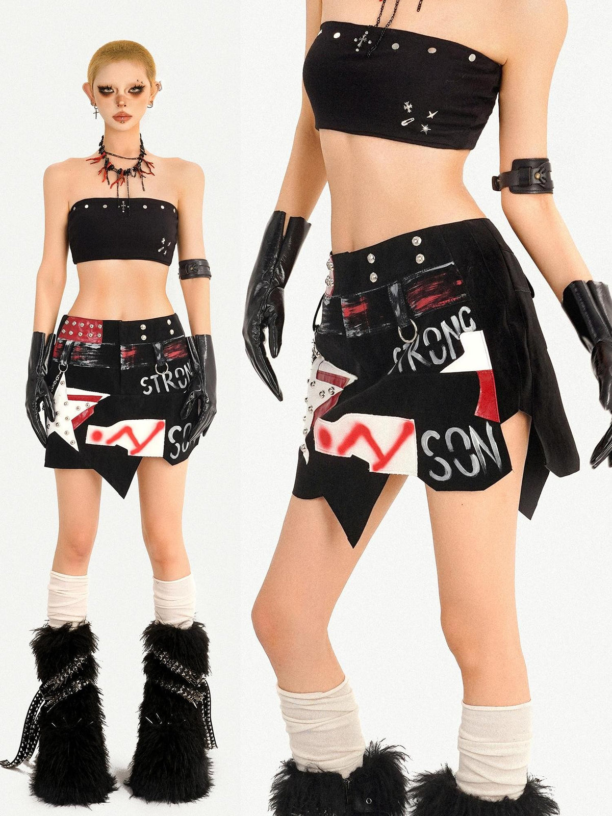 Nico Molly Graffiti Studded Asymmetric Punk Low Waist Women&