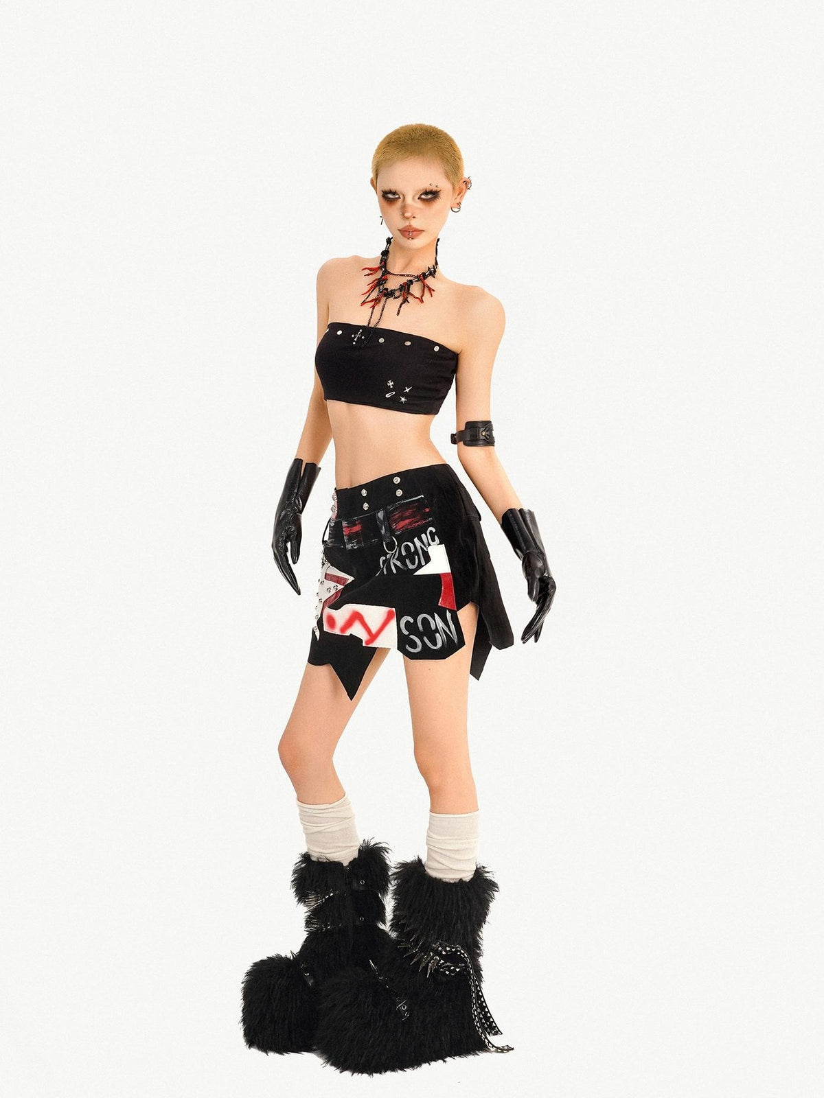 Nico Molly Graffiti Studded Asymmetric Punk Low Waist Women&