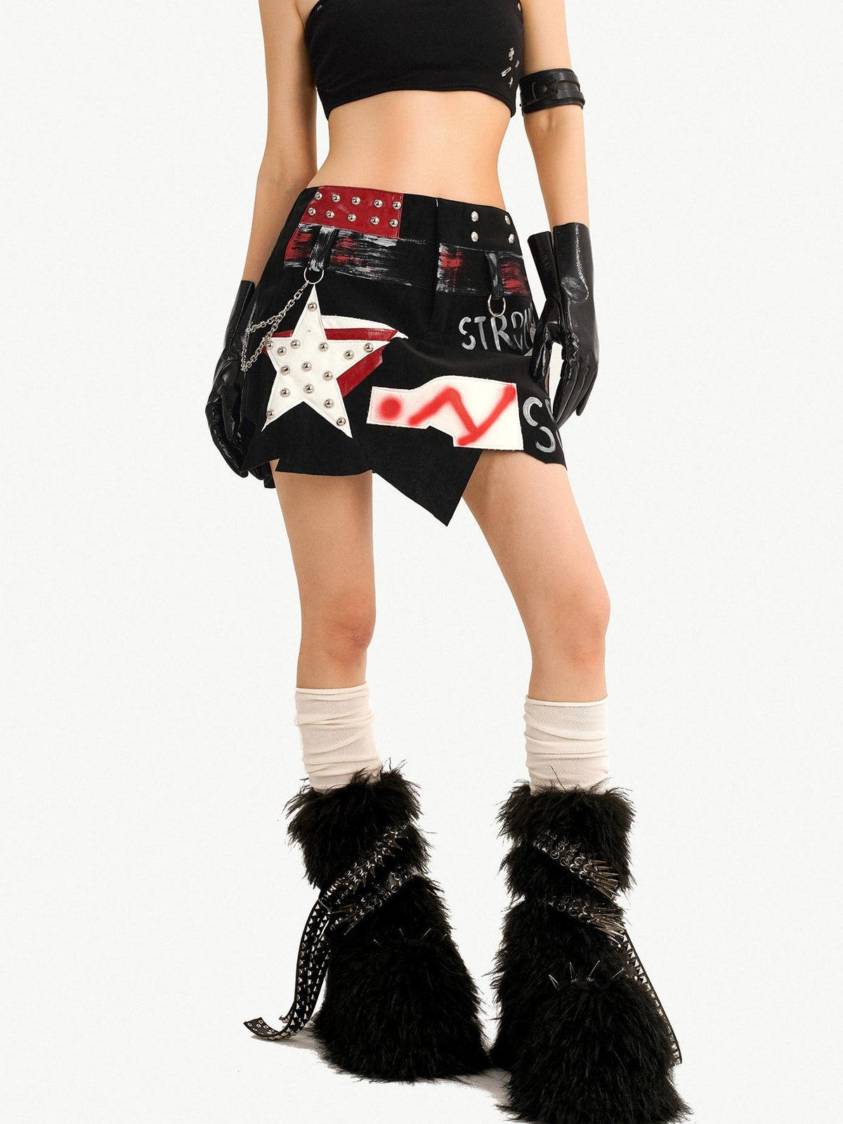 Nico Molly Graffiti Studded Asymmetric Punk Low Waist Women&