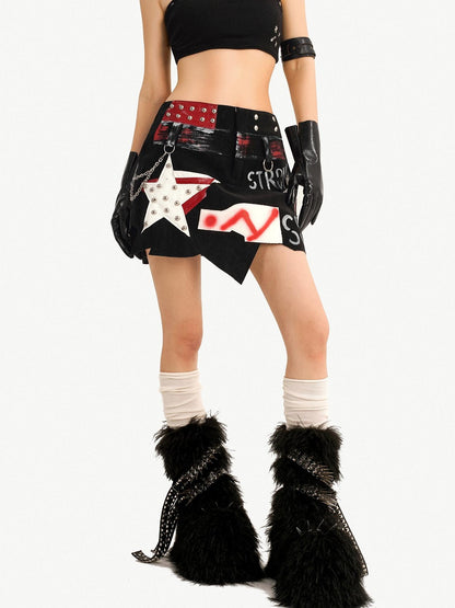 Nico Molly Graffiti Studded Asymmetric Punk Low Waist Women&