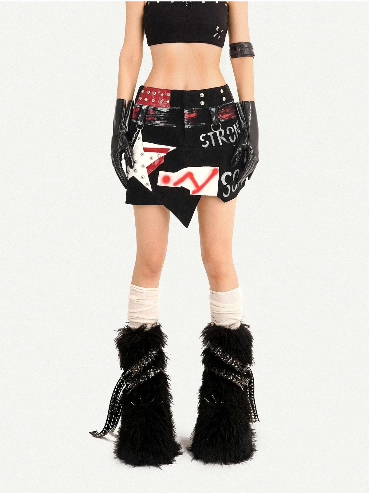 Nico Molly Graffiti Studded Asymmetric Punk Low Waist Women&