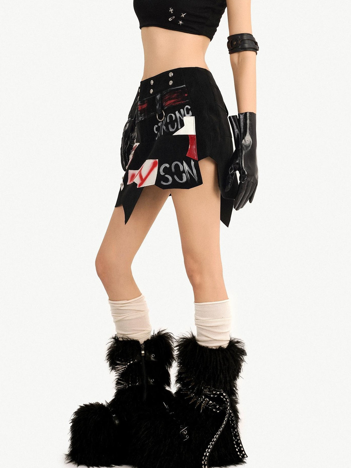 Nico Molly Graffiti Studded Asymmetric Punk Low Waist Women&