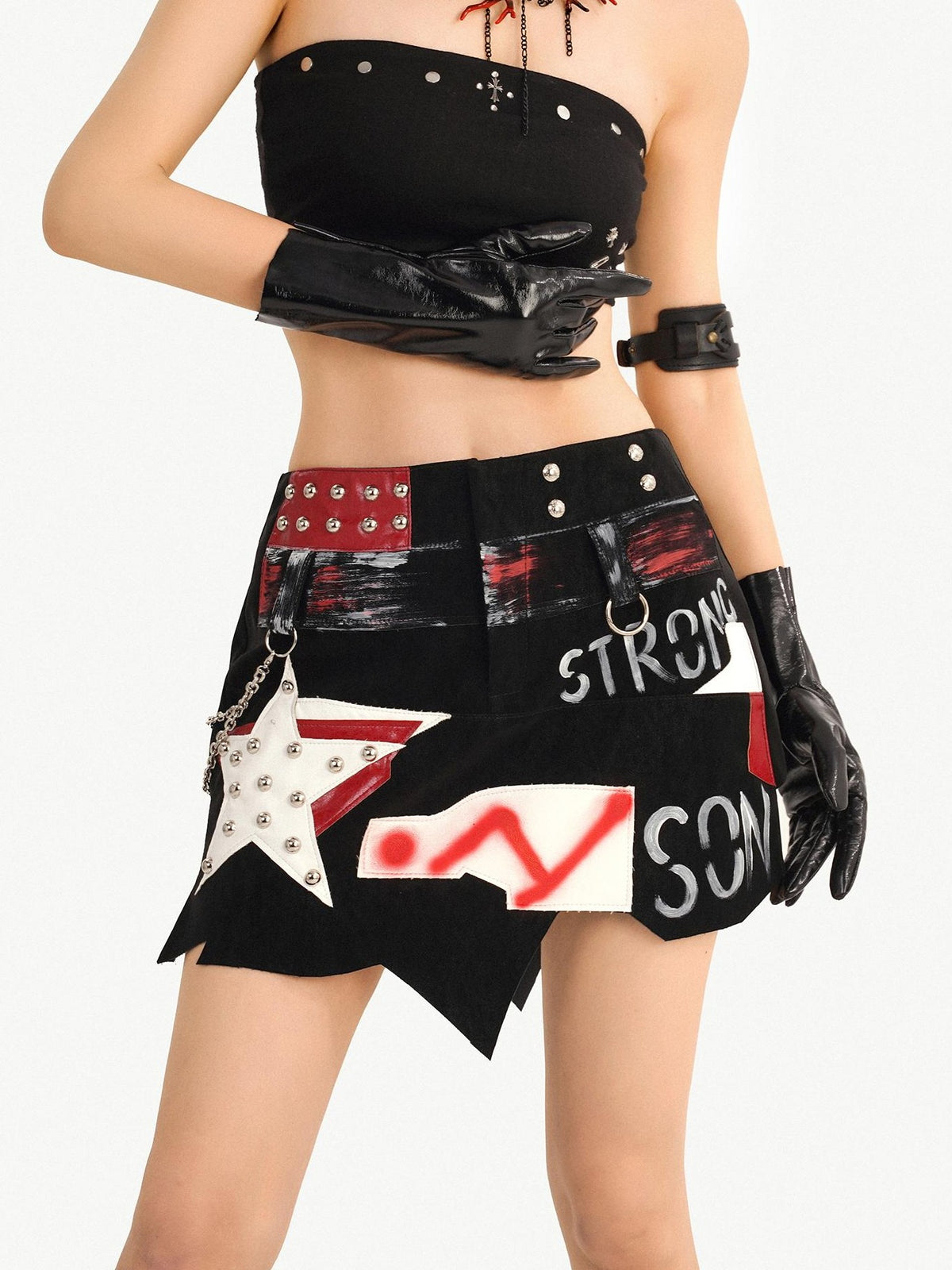 Nico Molly Graffiti Studded Asymmetric Punk Low Waist Women&