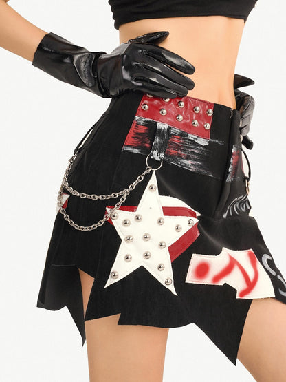 Nico Molly Graffiti Studded Asymmetric Punk Low Waist Women&