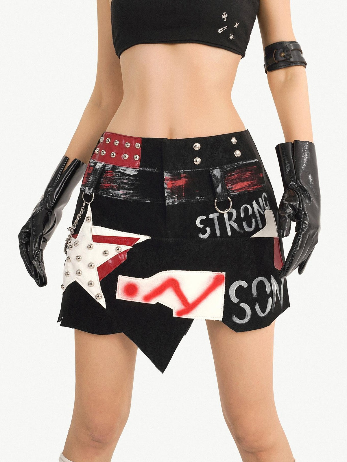 Nico Molly Graffiti Studded Asymmetric Punk Low Waist Women&
