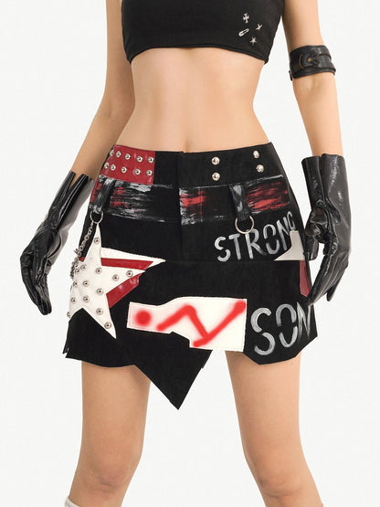 Nico Molly Graffiti Studded Asymmetric Punk Low Waist Women&