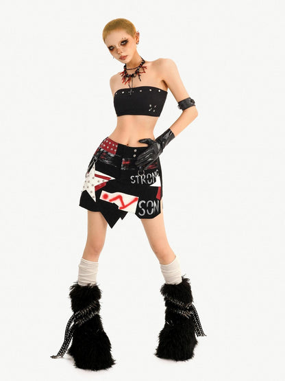 Nico Molly Graffiti Studded Asymmetric Punk Low Waist Women&