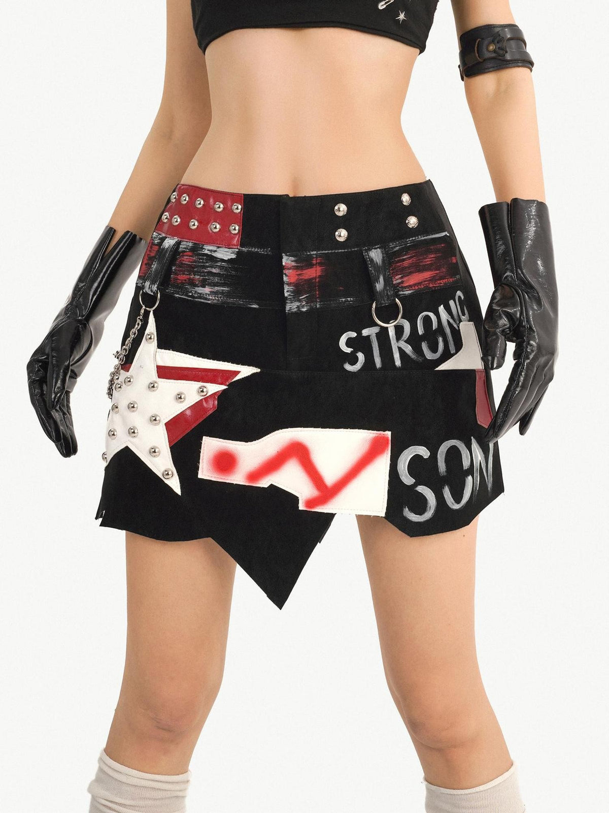 Nico Molly Graffiti Studded Asymmetric Punk Low Waist Women&