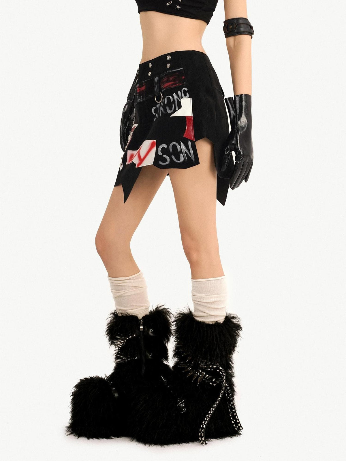 Nico Molly Graffiti Studded Asymmetric Punk Low Waist Women&