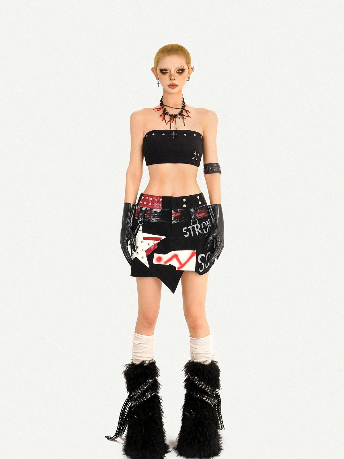 Nico Molly Graffiti Studded Asymmetric Punk Low Waist Women&