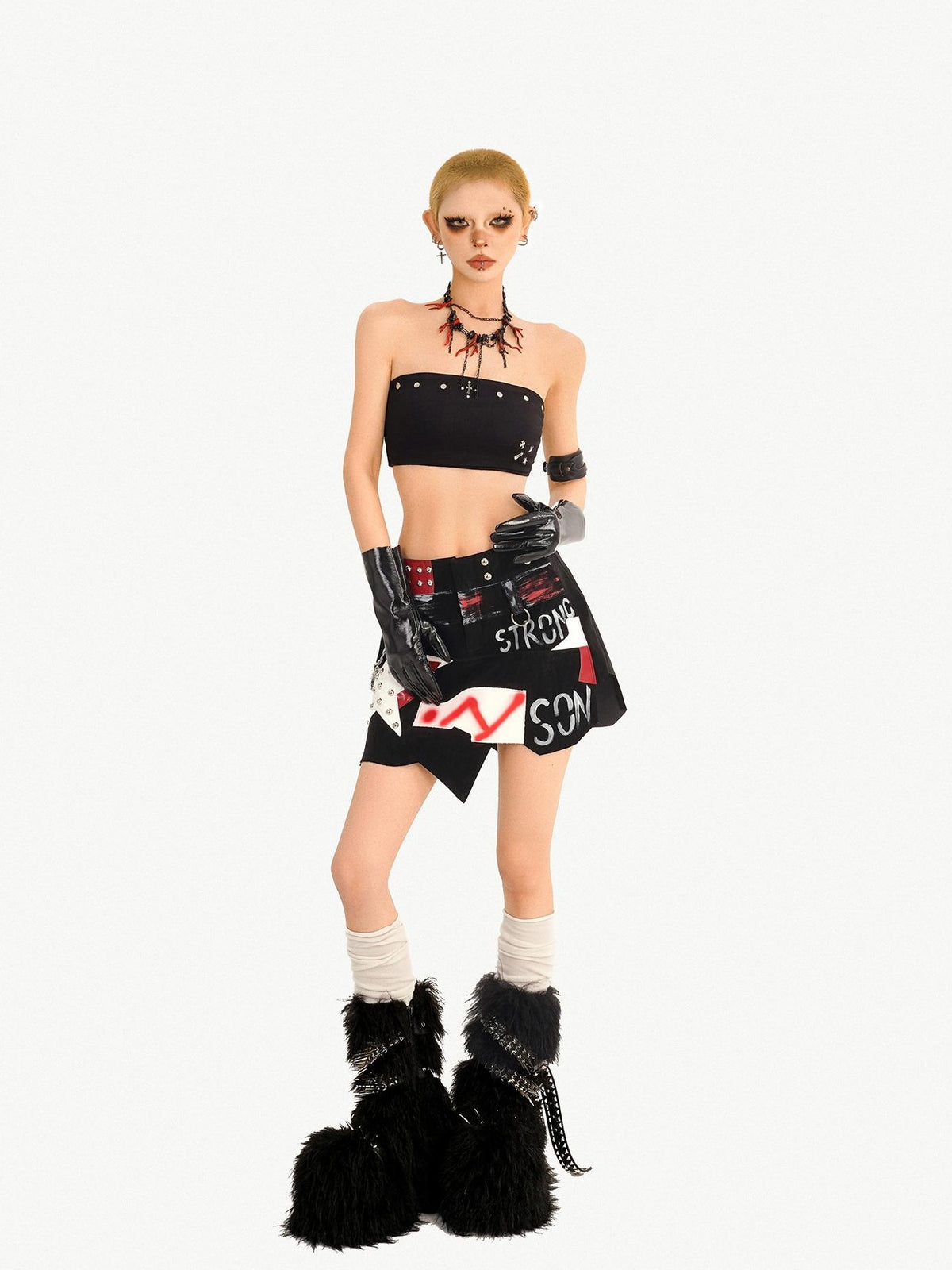 Nico Molly Graffiti Studded Asymmetric Punk Low Waist Women&