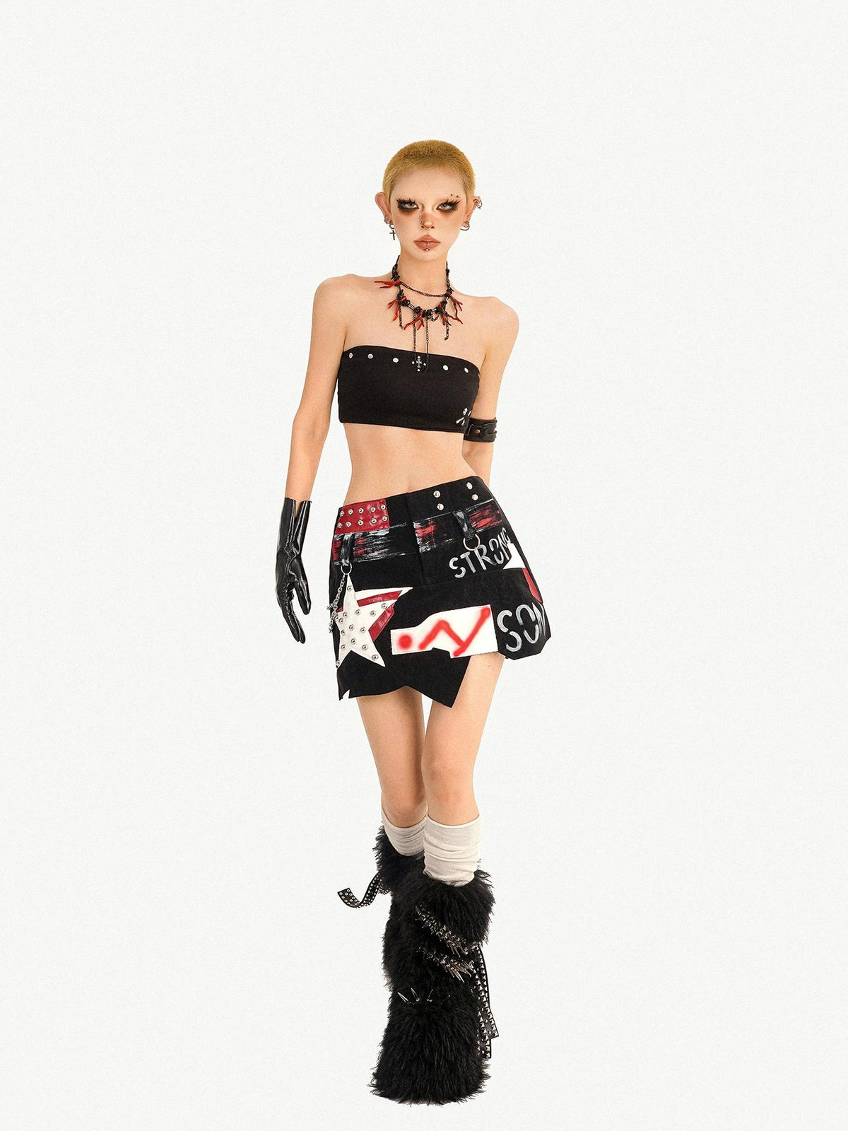 Nico Molly Graffiti Studded Asymmetric Punk Low Waist Women&