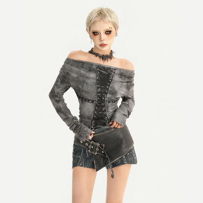 Nico_Molly_Gray_One_Shoulder_Lace_Up_Punk_Waist_Cinched_Women&