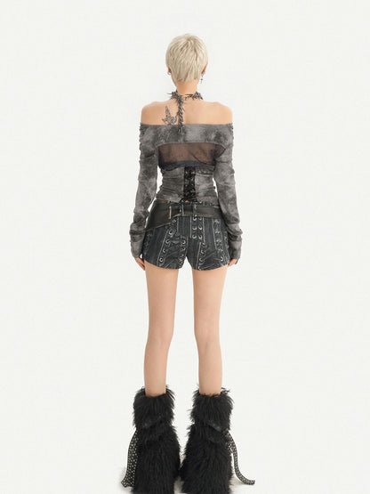 Nico Molly Gray One Shoulder Lace Up Punk Waist Cinched Women&