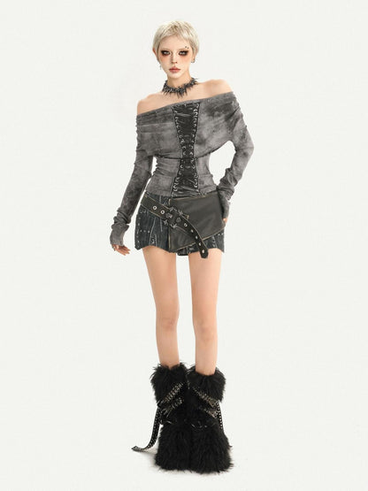 Nico Molly Gray One Shoulder Lace Up Punk Waist Cinched Women&