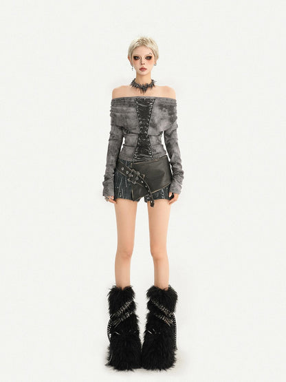 Nico Molly Gray One Shoulder Lace Up Punk Waist Cinched Women&