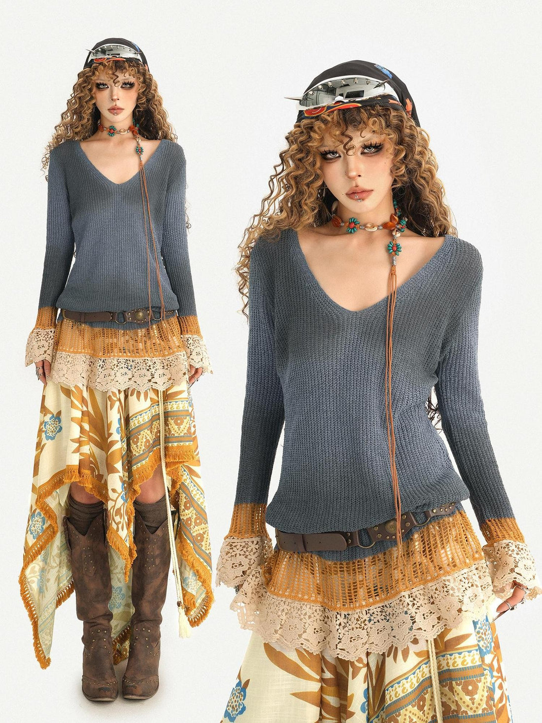 Nico Molly Gray Vneck Bell Sleeve Slim Vintage Pattern Women&