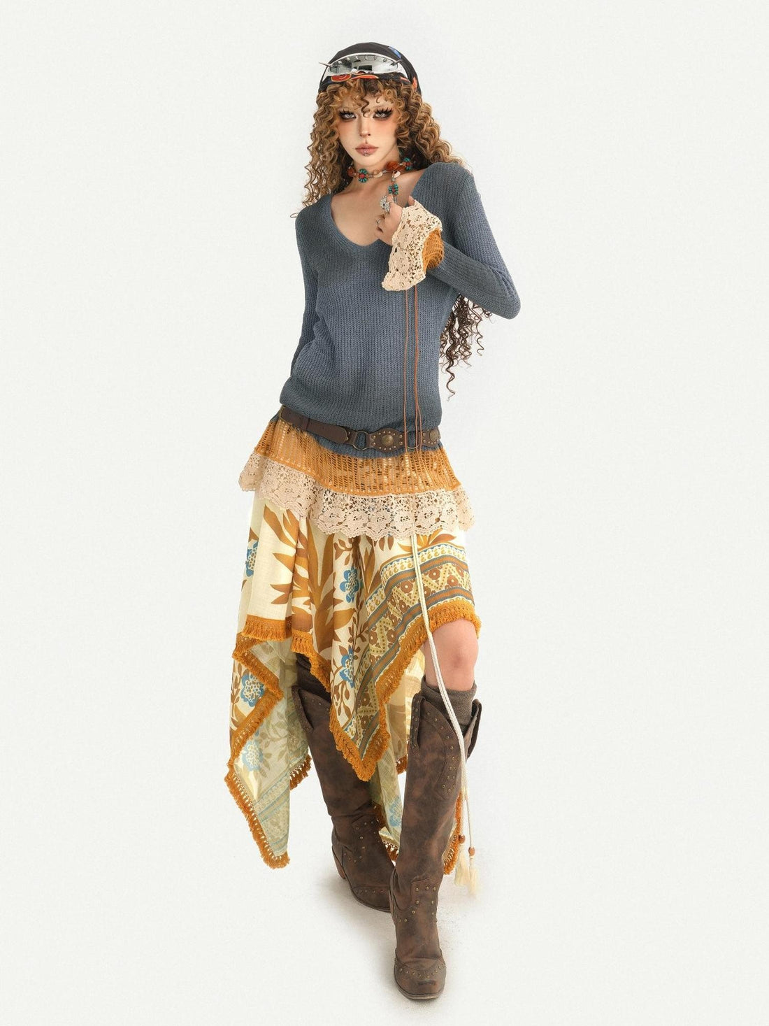 Nico Molly Gray Vneck Bell Sleeve Slim Vintage Pattern Women&