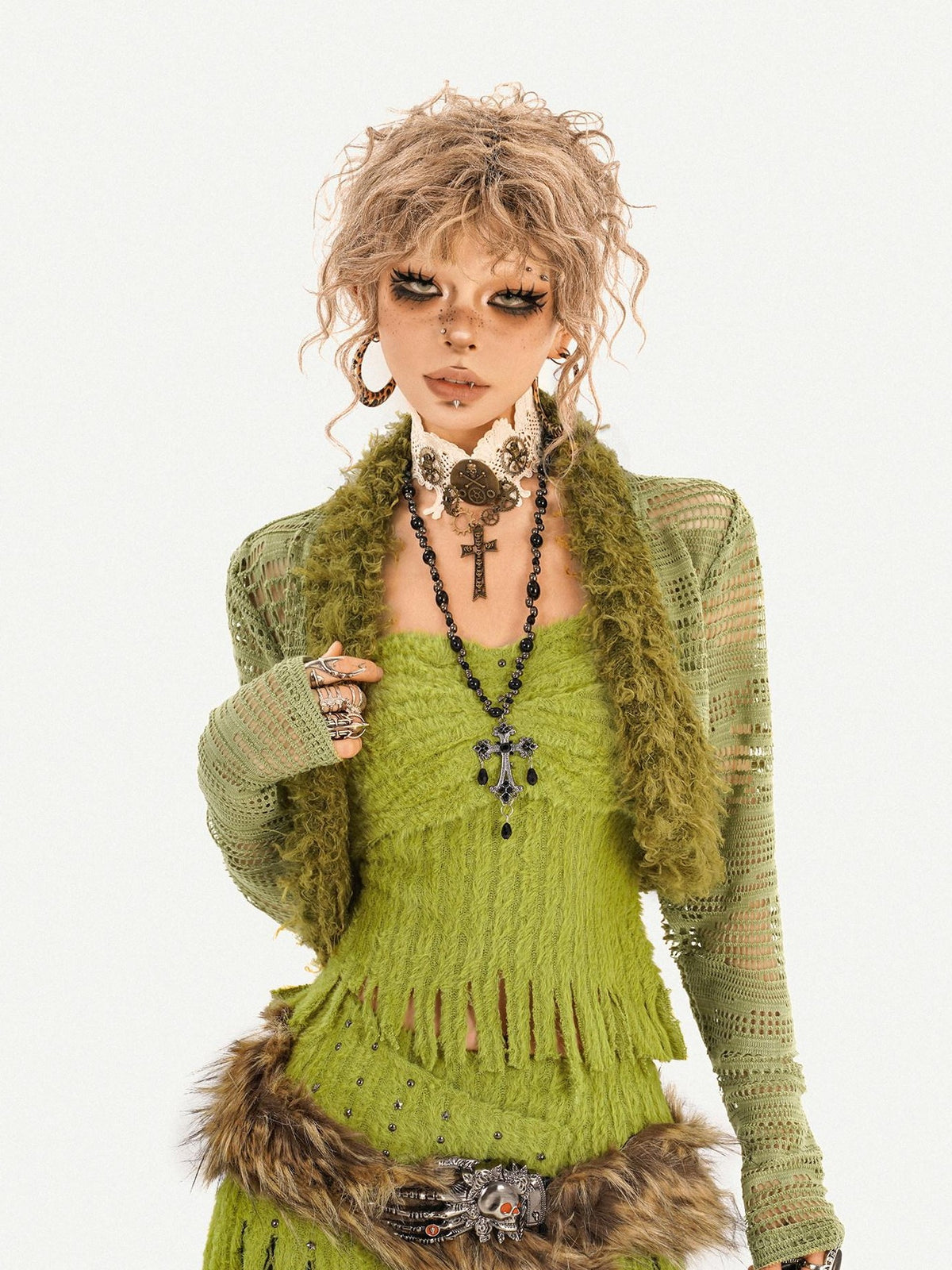 Nico Molly Green Cutout Frayed Edge Slim Fit Dyed Women&