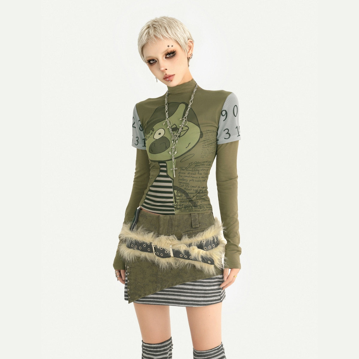 Nico_Molly_Green_Punk_Print_Slim_Fit_A_Line_Sleeve_Women&