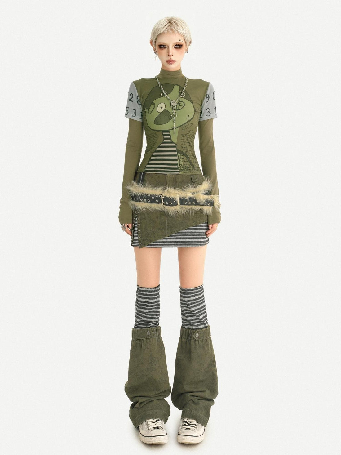 Nico Molly Green Punk Print Slim Fit A Line Sleeve Women&