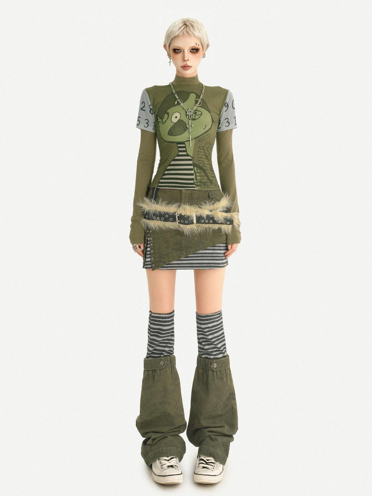 Nico Molly Green Punk Print Slim Fit A Line Sleeve Women&