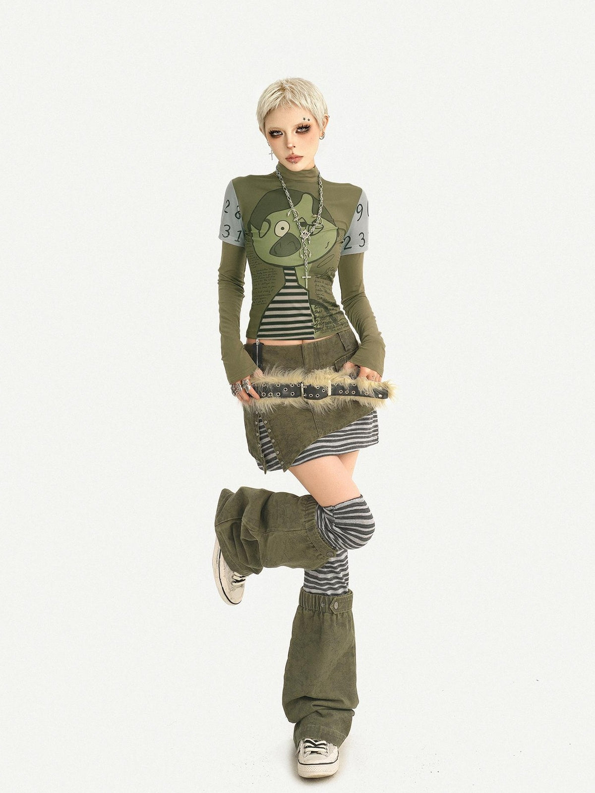 Nico Molly Green Punk Print Slim Fit A Line Sleeve Women&