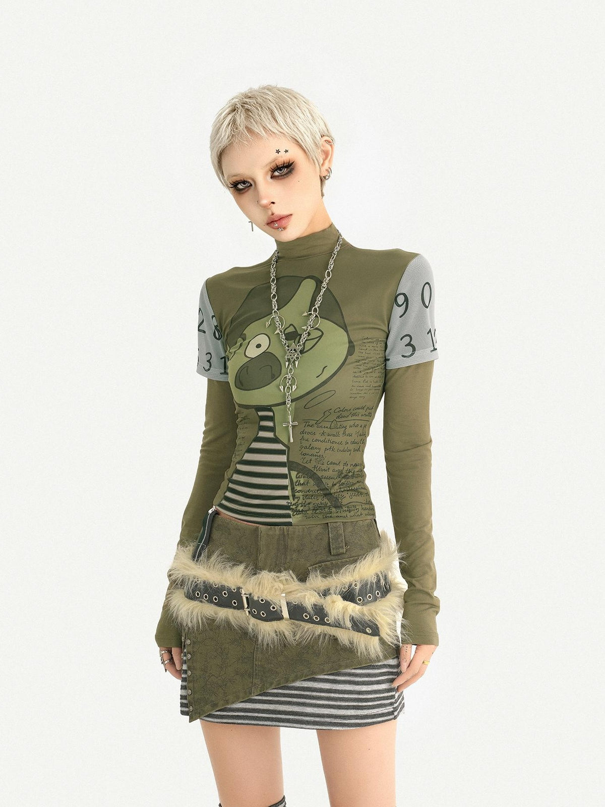 Nico Molly Green Punk Print Slim Fit A Line Sleeve Women&