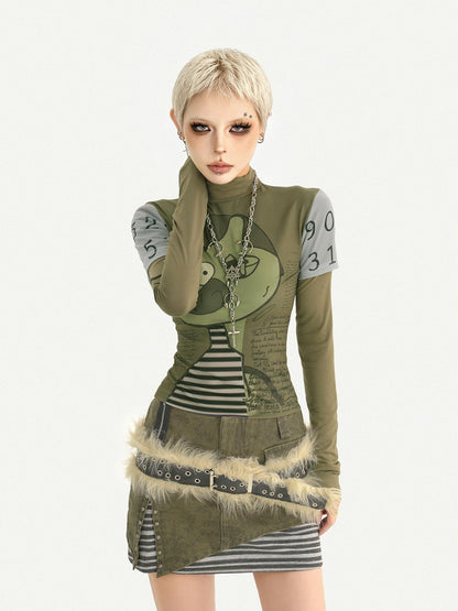 Nico Molly Green Punk Print Slim Fit A Line Sleeve Women&