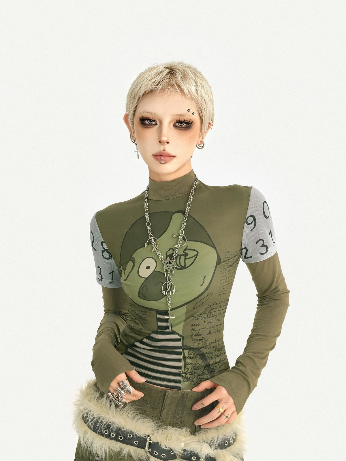 Nico Molly Green Punk Print Slim Fit A Line Sleeve Women&