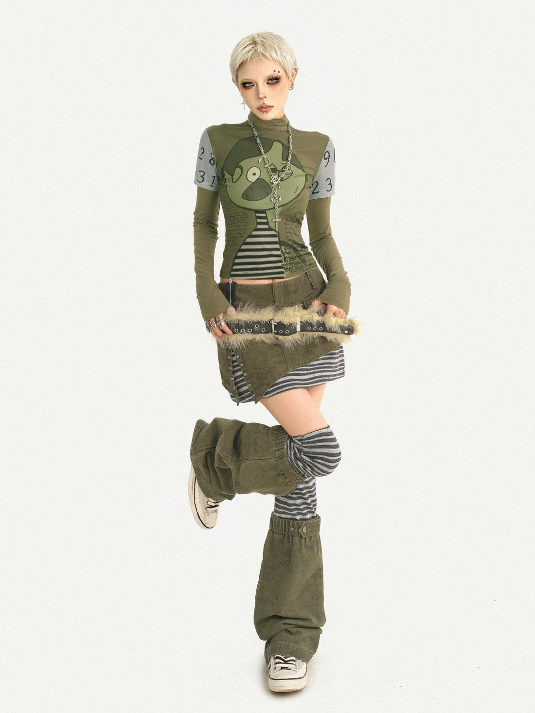Nico Molly Green Punk Print Slim Fit A Line Sleeve Women&