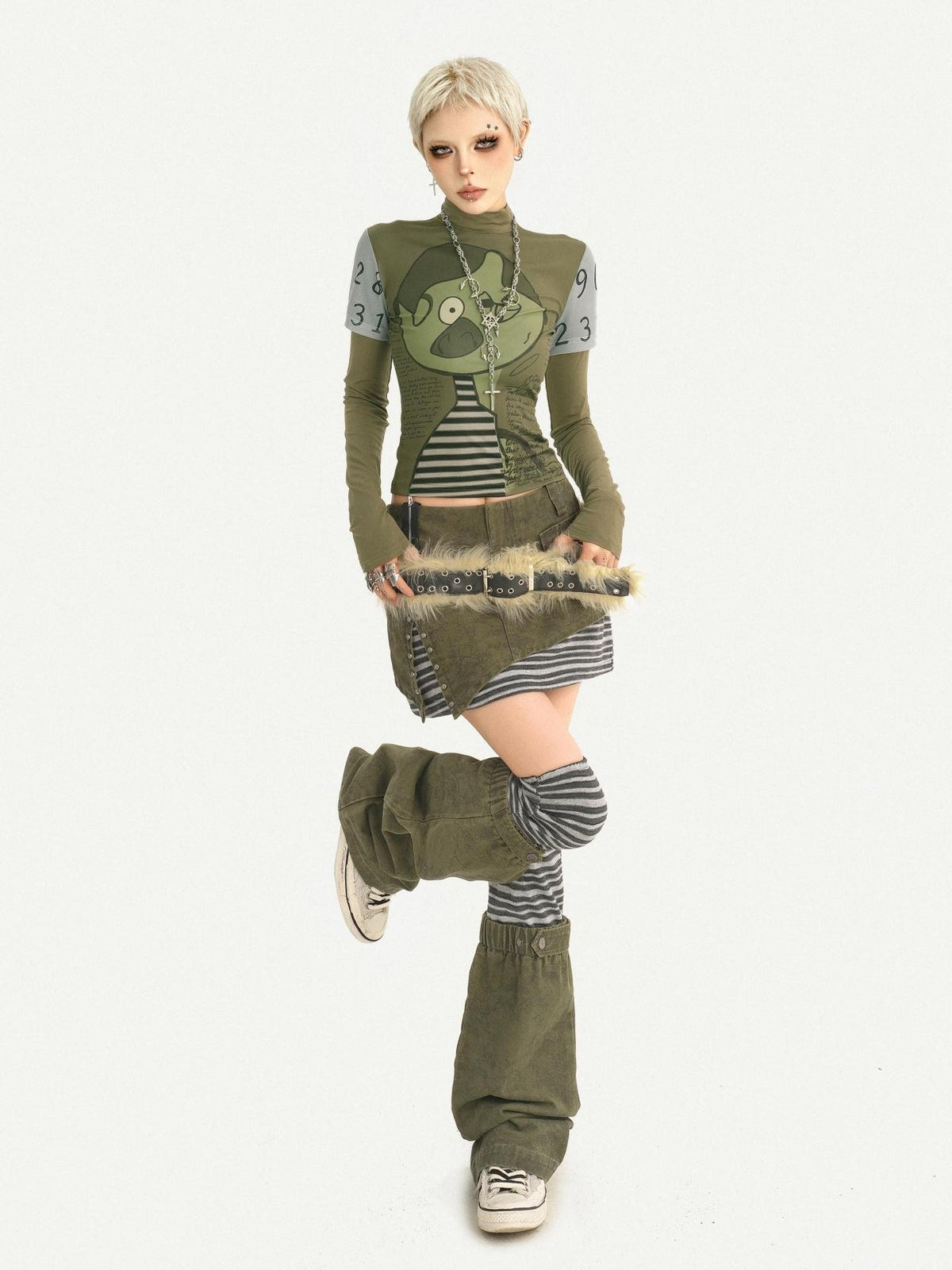 Nico Molly Green Punk Print Slim Fit A Line Sleeve Women&