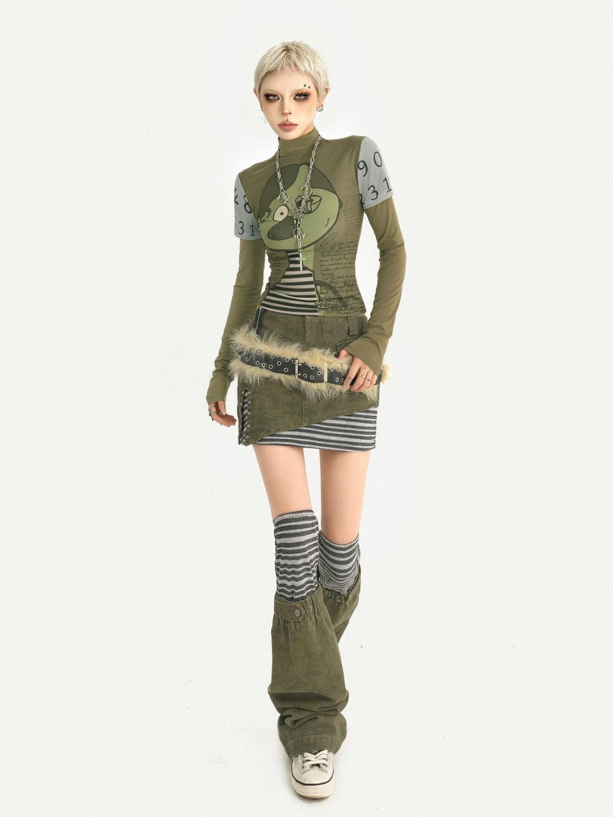 Nico Molly Green Punk Print Slim Fit A Line Sleeve Women&