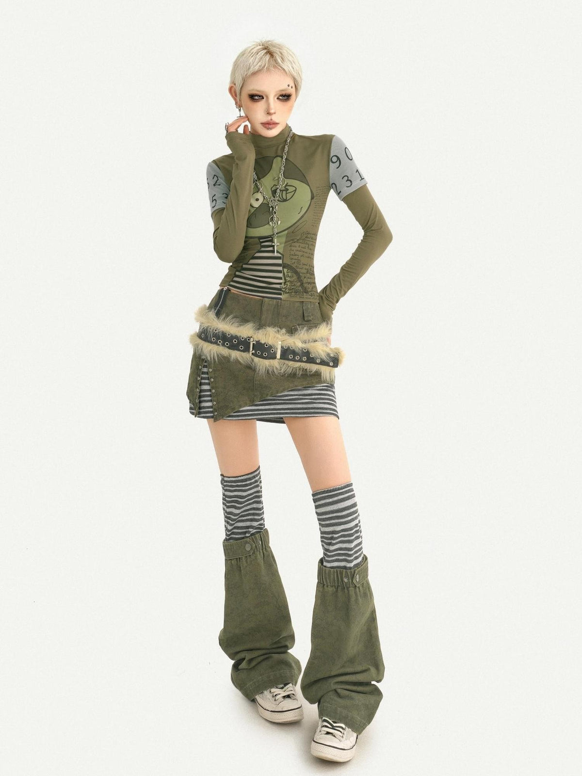 Nico Molly Green Punk Print Slim Fit A Line Sleeve Women&