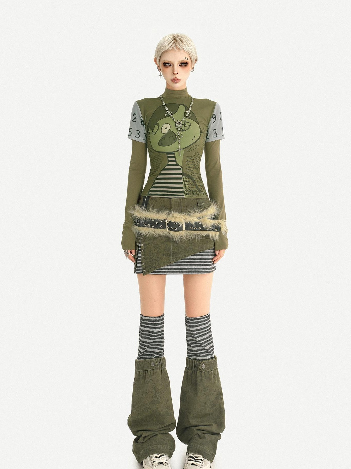 Nico Molly Green Punk Print Slim Fit A Line Sleeve Women&